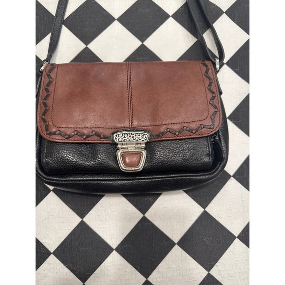 VTG Brighton Brown Black Leather Crossbody Shoulder Bag Buckle Detail - Picture 4 of 7